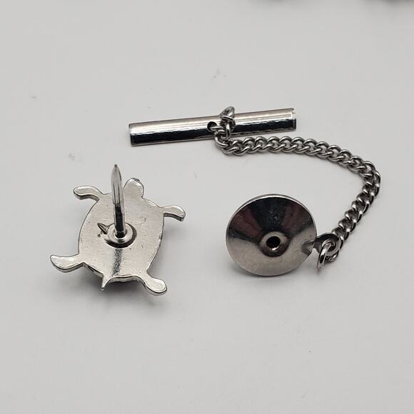 (6) Vtg Silver Tone Stone Cabochon Turtle Tortoise Shaped Tie Tack Chain 1-1/2" - Picture 5 of 7